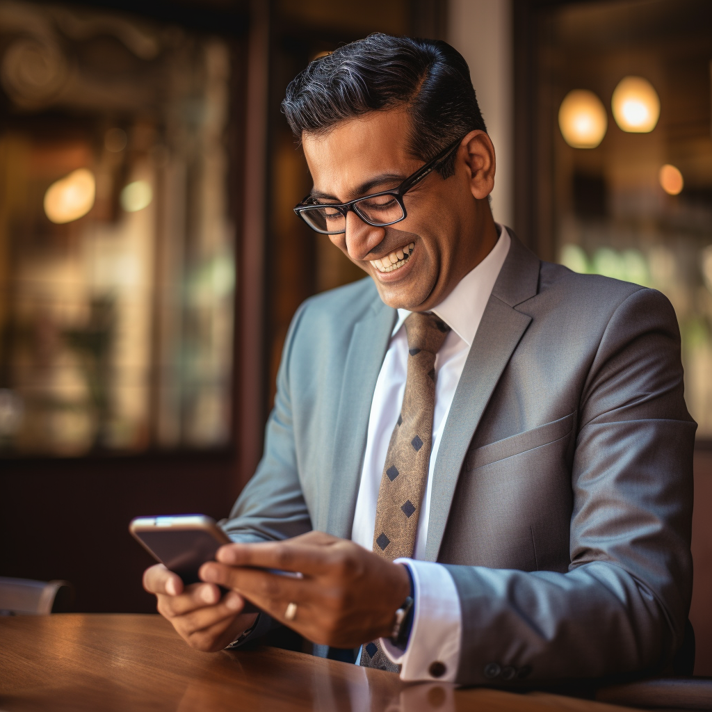 A man in a suit and tie is sitting at a table looking at his cell phone.