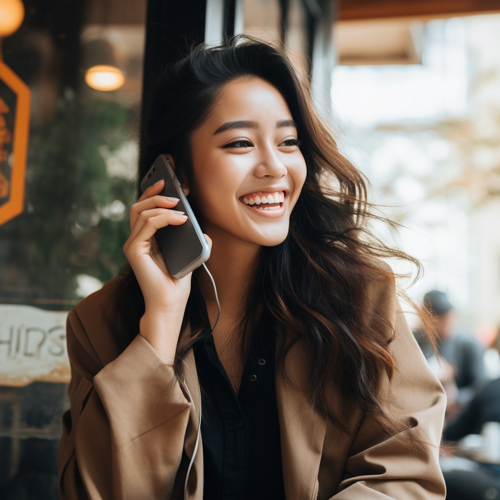 A woman is smiling while talking on a cell phone